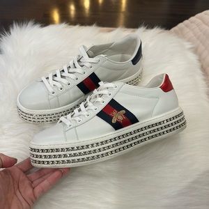 Gucci White Leather Platform Sneakers with Red & Blue Stripe and Bee